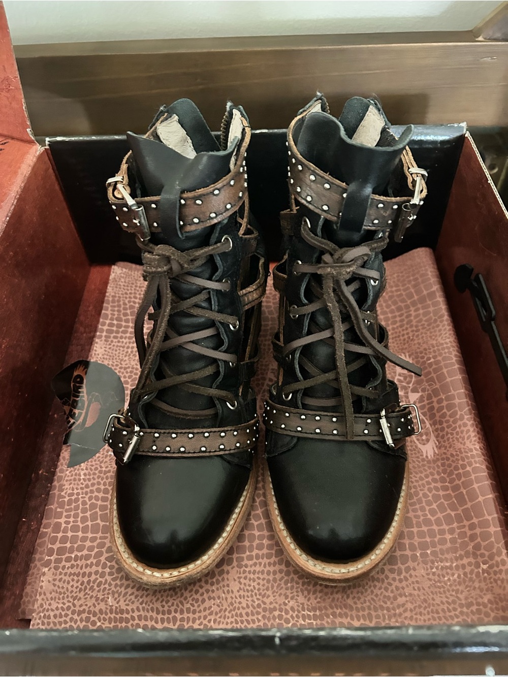 Freebird by Steven Black Lace-Up Combat Boots with Brown Studded Straps